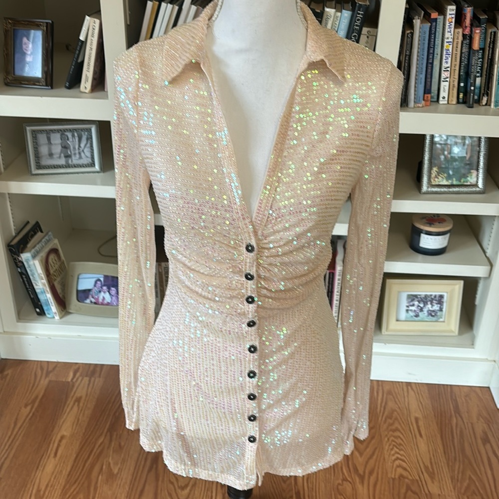 NWT Free People Sequin Shirt Christmas Holiday Sparkle Boho Festival Size Small